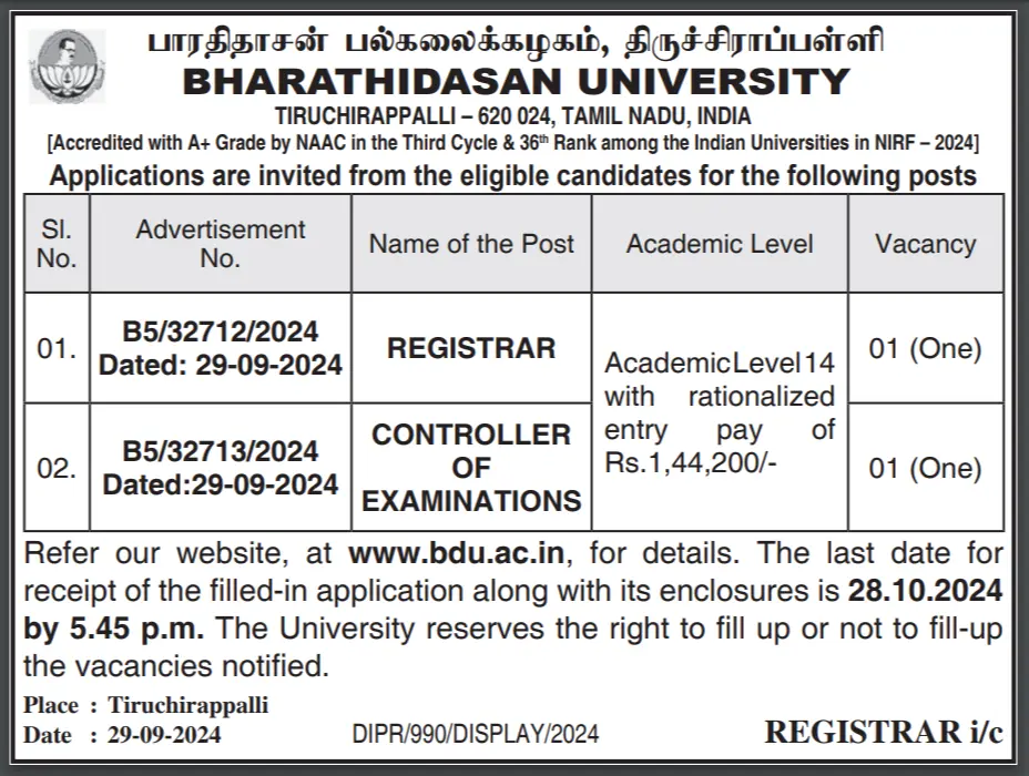 bharathidasan-university-registrar-controller-examinations-recruitment-October 2024