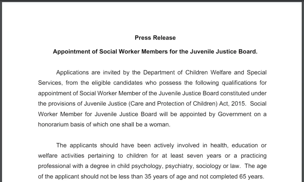 Applications are invited for the appointment of Juvenile Justice Board – Social Worker Members