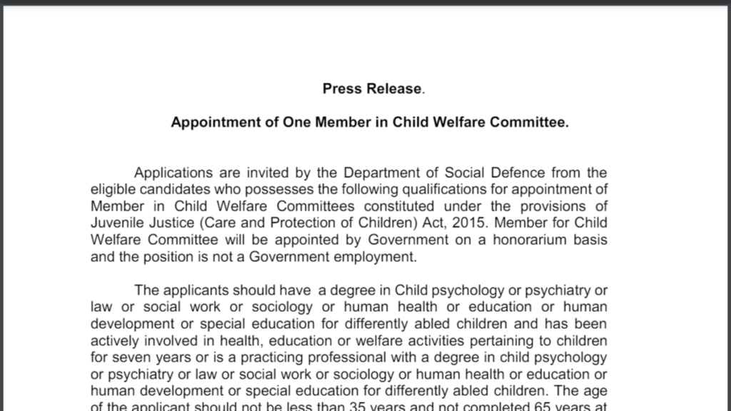 Appointment of One Member in Child Welfare Committee.