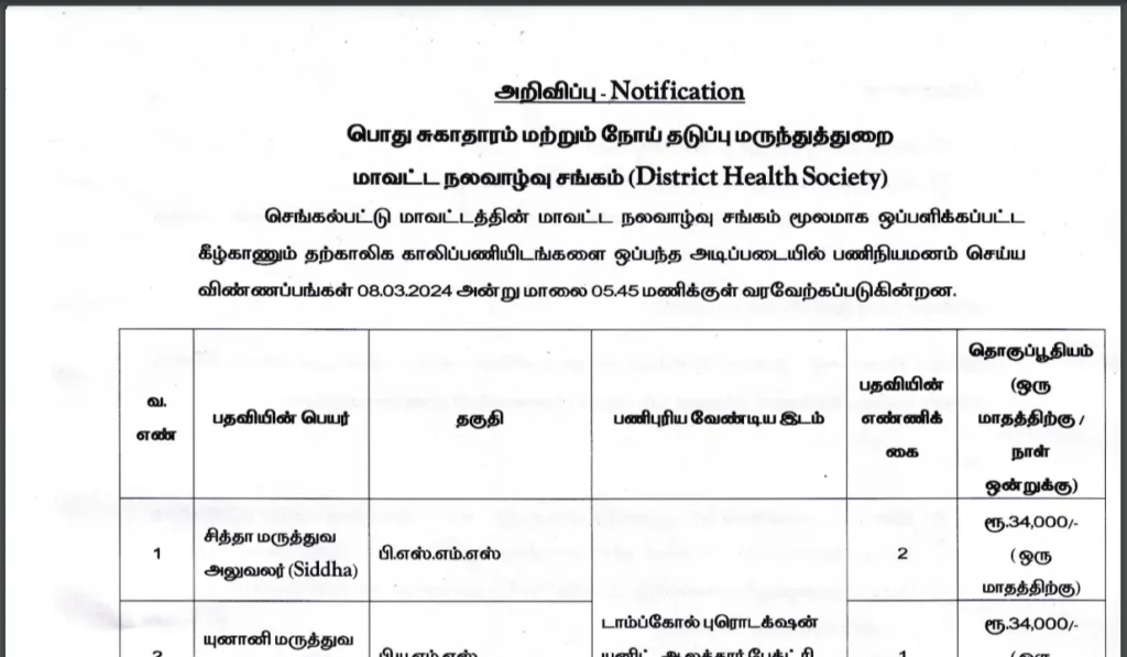 Vacancies for various contractual posts under District Health Society – Chengalpattu District