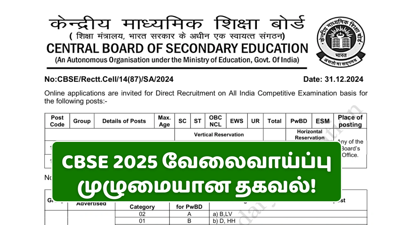 CBSE 2025 வேலைவாய்ப்பு முழுமையான தகவல்!