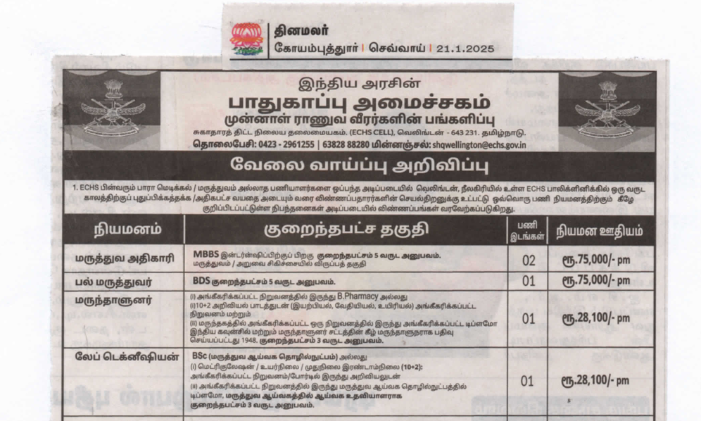 ECHS Recruitment Coimbatore 2025