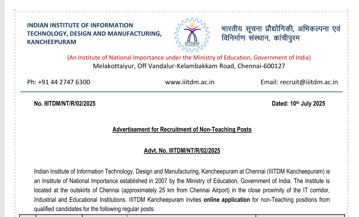 🏛️ IITDM காஞ்சிபுரம் வேலைவாய்ப்பு 2025 – ஜூனியர் உதவியாளர், டெக்னீஷியன் பணிக்கு விண்ணப்பிக்க இப்போதே APPLY செய்யுங்கள்!