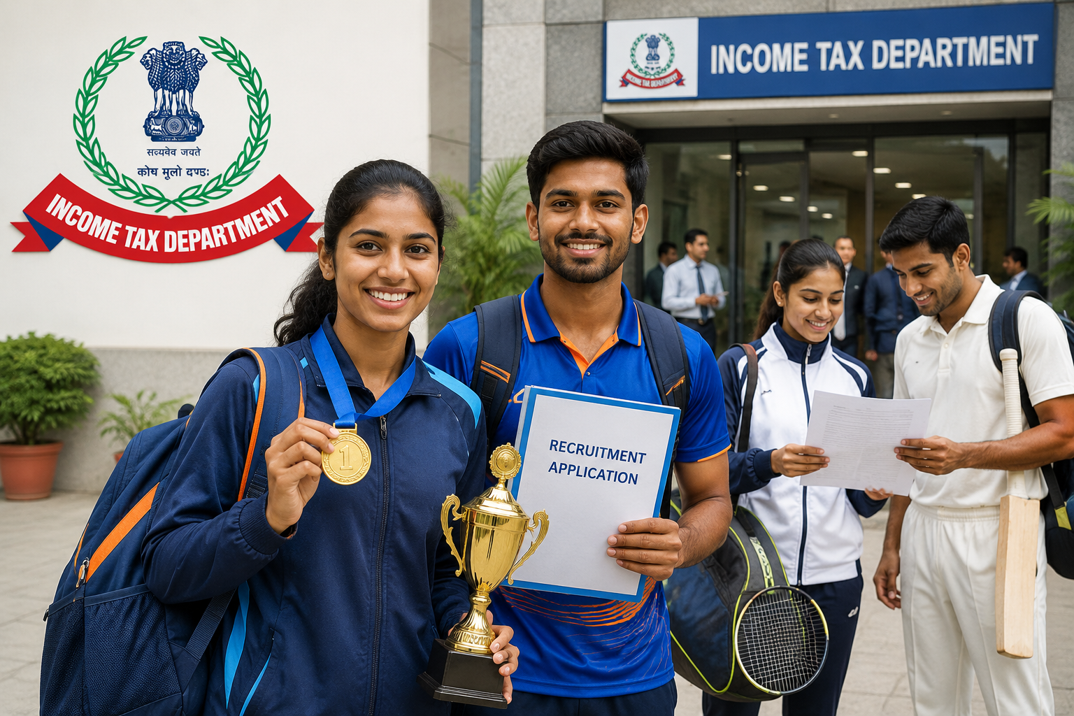 12th, Diploma முடித்தவர்களுக்கு சென்னை (NIRT) புதிய வேலைவாய்ப்பு சம்பளம் Rs. 32,000/- 12 Ultra-realistic Indian government recruitment scene focused on sports achievers, young Indian athletes in professional sports uniforms holding medals and trophies while entering a modern Income Tax Department office, one athlete reviewing recruitment documents, another carrying a sports kit bag, realistic government office entrance in the background, Tax Assistant, Stenographer and MTS career opportunity concept, authentic Indian sportspersons from athletics, badminton, kabaddi and cricket backgrounds, professional central government employment atmosphere, natural daylight, confident and aspirational expressions, achievement and career success theme, premium newspaper photojournalism style, high CTR Google Discover thumbnail, mobile-first composition, strong central subjects, shallow depth of field, ultra-realistic skin textures, realistic office architecture, official recruitment mood, vibrant yet professional colors, cinematic news photography, ultra-detailed 8K quality, no text, no logos, no watermark, no banners, no posters, no infographic elements, no AI-art look, realistic DSLR camera photography, 16:9 aspect ratio.