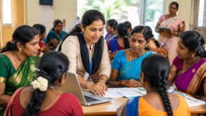 Ultra-realistic Tamil Nadu rural development recruitment scene, inspired by TNCDW (Tamil Nadu Corporation for Development of Women), confident South Indian women professionals conducting a self-help group meeting in a modern village development center, one senior trainer mentoring women entrepreneurs, district resource person reviewing project reports on laptop, block resource person guiding rural women in skill development activities, realistic Tamil Nadu village background with clean community hall, women's empowerment theme, self-help group members discussing livelihood projects, professional yet warm atmosphere, authentic South Indian women in sarees and formal attire, documents, training materials and laptops visible, rural development and social welfare concept, natural daylight, hopeful career opportunity mood, documentary-style photography, government project implementation environment, realistic skin textures and expressions, strong central subjects, shallow depth of field, premium newspaper feature image style, high CTR Google Discover thumbnail, mobile-first composition, editorial photojournalism quality, vibrant yet professional colors, ultra-realistic 8K photography, no text, no logos, no watermark, no banners, no infographic elements, no recruitment poster, no AI-art look, realistic camera photography, 16:9 aspect