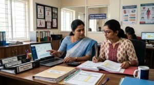 Ultra-realistic professional office recruitment scene in Tamil Nadu, Project Coordinator and Accountant working in a modern NGO welfare organization office, authentic South Indian professionals reviewing project reports, financial records, accounting spreadsheets and community welfare documents, HIV/AIDS awareness and public health project management environment, one professional using a computer with data dashboards, another reviewing accounting files and Tally reports, clean government-supported social welfare office setting, realistic Indian workplace atmosphere, natural daylight through office windows, career opportunity concept, documentary-style photography, trustworthy and professional mood, community development and social service theme, realistic skin textures and expressions, organized office desks, subtle public health awareness elements, premium newspaper feature image style, high CTR Google Discover thumbnail, mobile-first composition, strong central subjects, shallow depth of field, ultra-detailed realism, editorial photojournalism quality, vibrant yet professional colors, 8K ultra-HD, no text, no logos, no watermark, no banners, no infographic elements, no AI-art look, realistic camera photography, 16:9 aspect ratio.